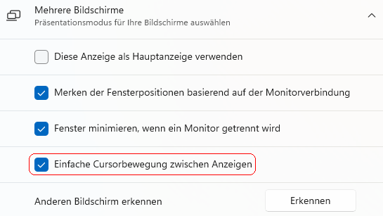 Einfache Cursorbewegung zwischen Anzeigen