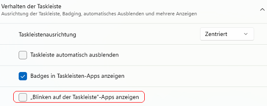 "Blinken auf der Taskleiste"-Apps anzeigen