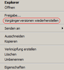 Kontextmenü "Vorgängerversionen wiederherstellen"