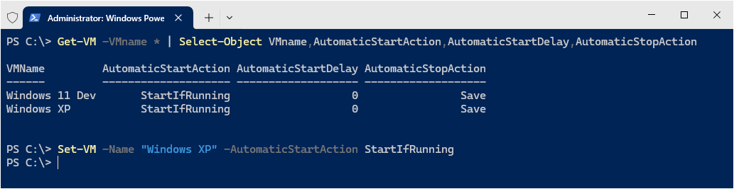 Set-VM -Name "Windows XP" -AutomaticStartAction StartIfRunning