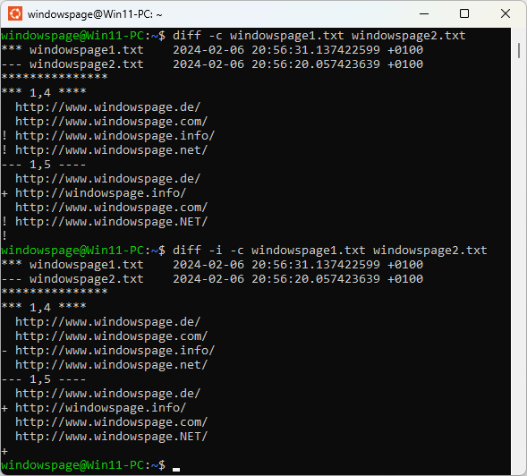 diff -i -c windowspage1.txt windowspage2.txt