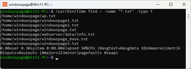 /usr/bin/time find ~ -name "*.txt" -type f