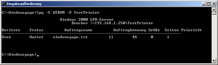 lpq -S w2kvm -P TextPrinter