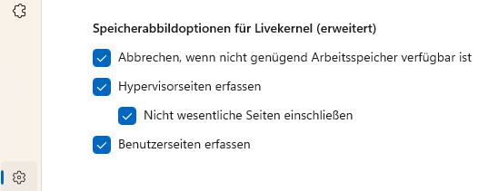 Speicherabbildoptionen für Livekernel (erweitert)