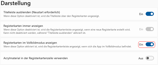 Registerkarten im Vollbildmodus anzeigen