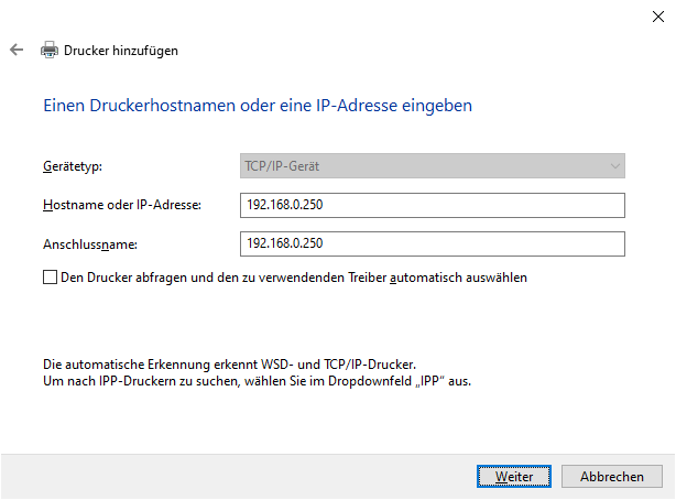 Einen Druckerhostnamen oder eine IP-Adresse eingeben