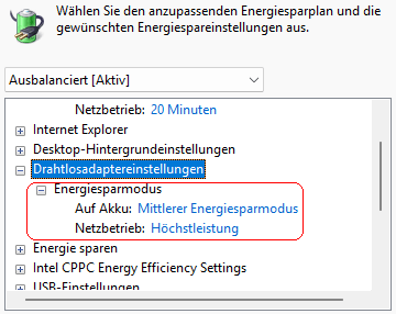 Drahtlosadaptereinstellungen